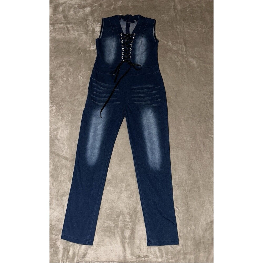 Women's Denim Jumpsuit Medium Distressed With Lace Up Front